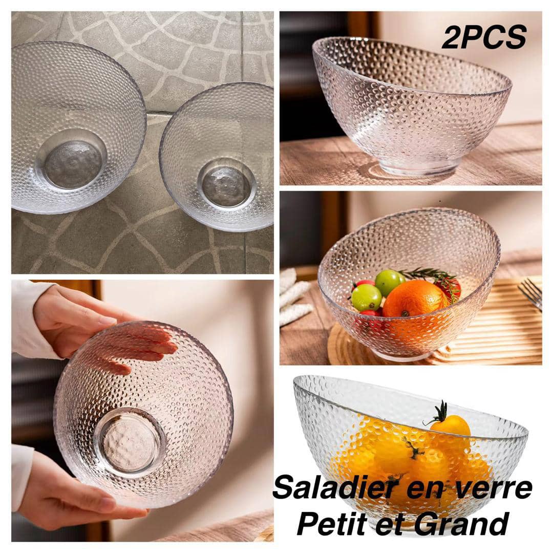 🥗 Lot de 2 Saladiers en Verre Martelé – Petit & Grand