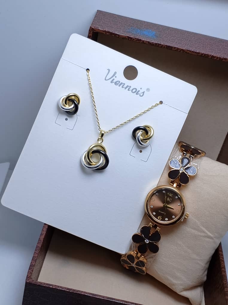⭐ Ensemble VIENOIS – Collier, Boucles d’Oreilles & Montre en Acier Inoxydable