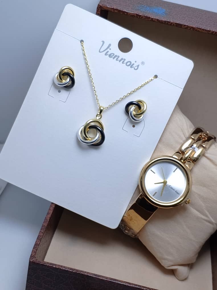 ⭐ Ensemble VIENOIS – Collier, Boucles d’Oreilles & Montre en Acier Inoxydable