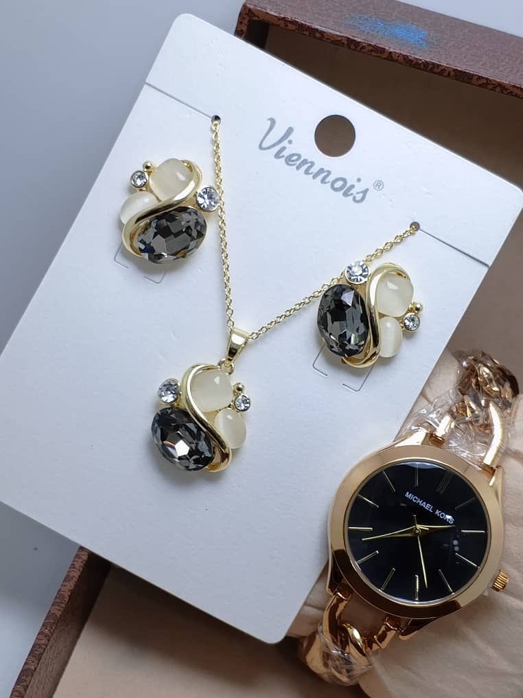⭐ Ensemble VIENOIS – Collier, Boucles d’Oreilles & Montre en Acier Inoxydable