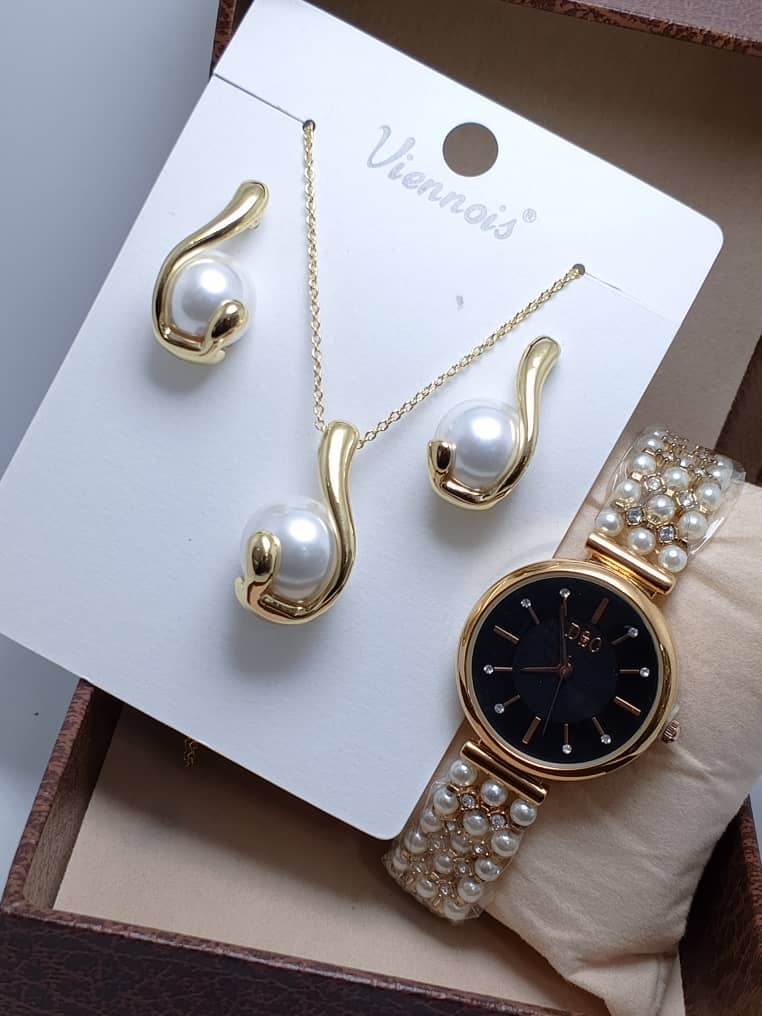 ⭐ Ensemble VIENOIS – Collier, Boucles d’Oreilles & Montre en Acier Inoxydable