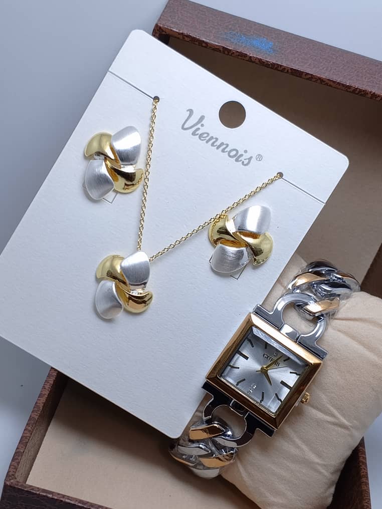⭐ Ensemble VIENOIS – Collier, Boucles d’Oreilles & Montre en Acier Inoxydable