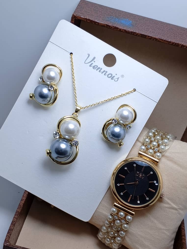 ⭐ Ensemble VIENOIS – Collier, Boucles d’Oreilles & Montre en Acier Inoxydable