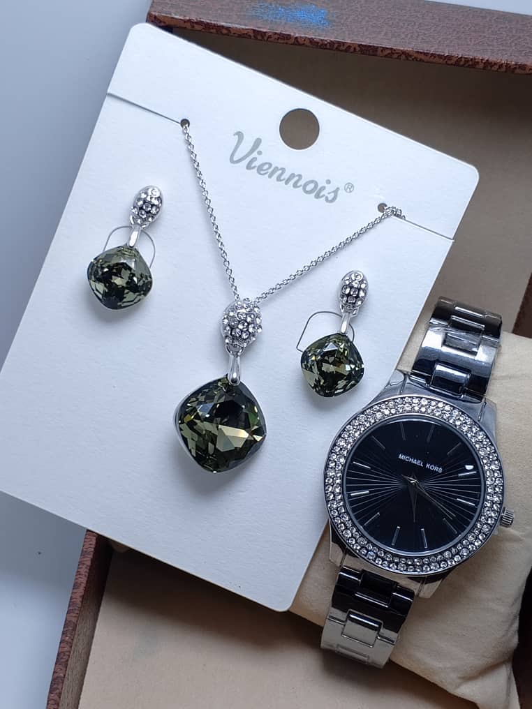 ⭐ Ensemble VIENOIS – Collier, Boucles d’Oreilles & Montre en Acier Inoxydable