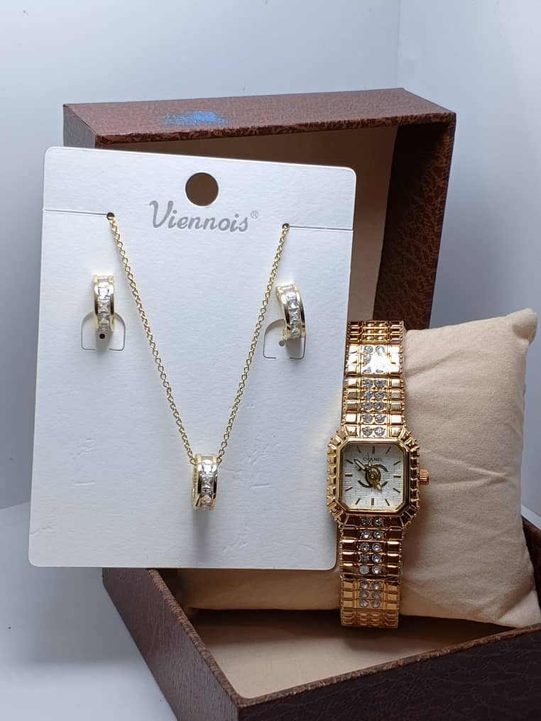 ⭐ Ensemble VIENOIS – Collier, Boucles d’Oreilles & Montre en Acier Inoxydable