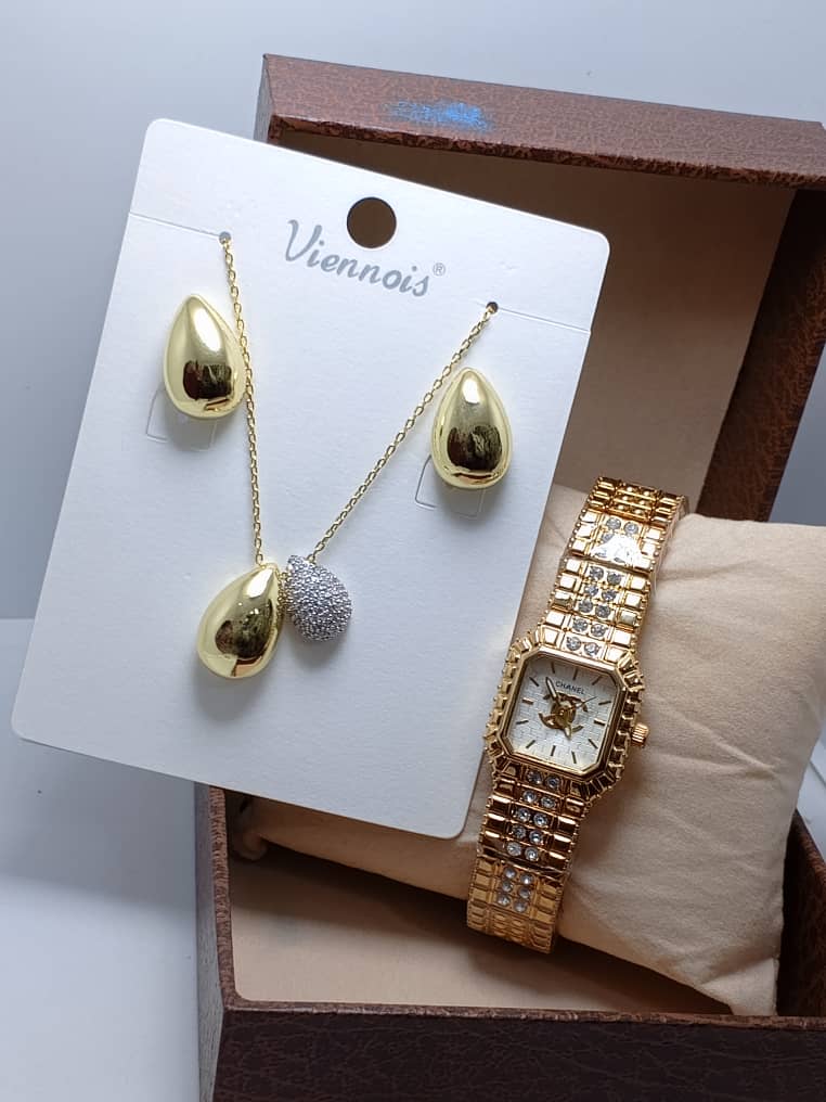 ⭐ Ensemble VIENOIS – Collier, Boucles d’Oreilles & Montre en Acier Inoxydable