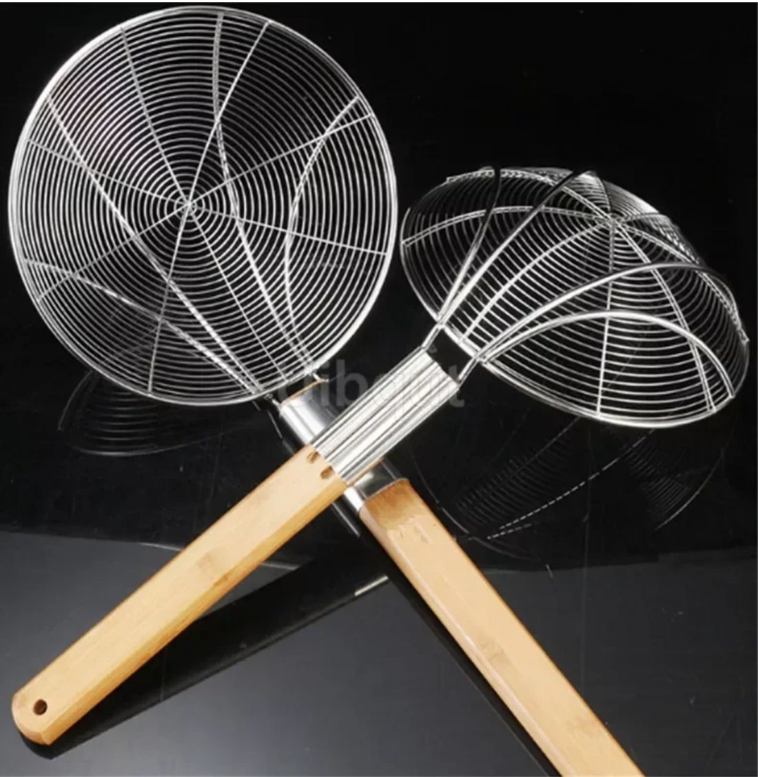 Écumoire Ronde en Acier Inoxydable avec Manche en Bois grand