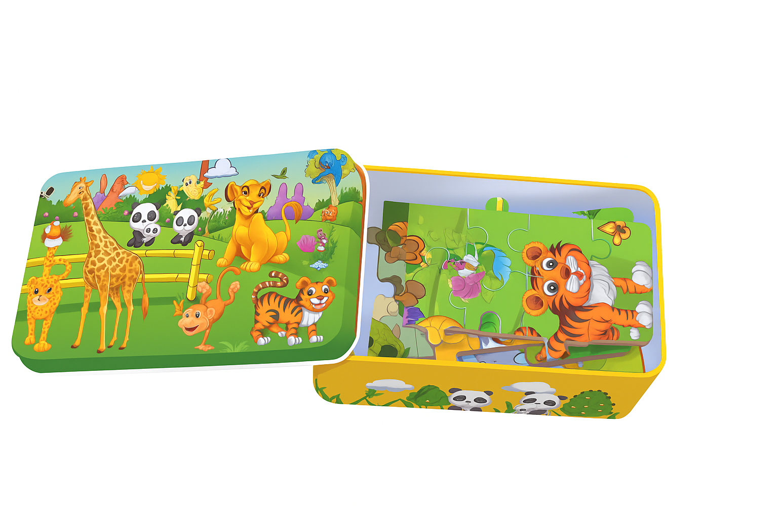 Puzzle de dessin animé avec boîte en métal