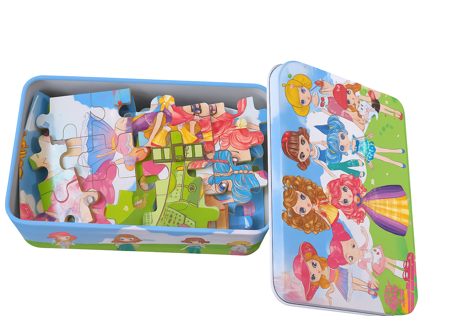 Puzzle de dessin animé avec boîte en métal