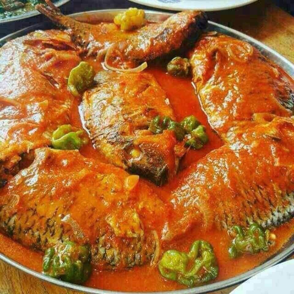 Sauce tomate poissons frais accompagnement au choix Pate noir Agbeli ou le riz 