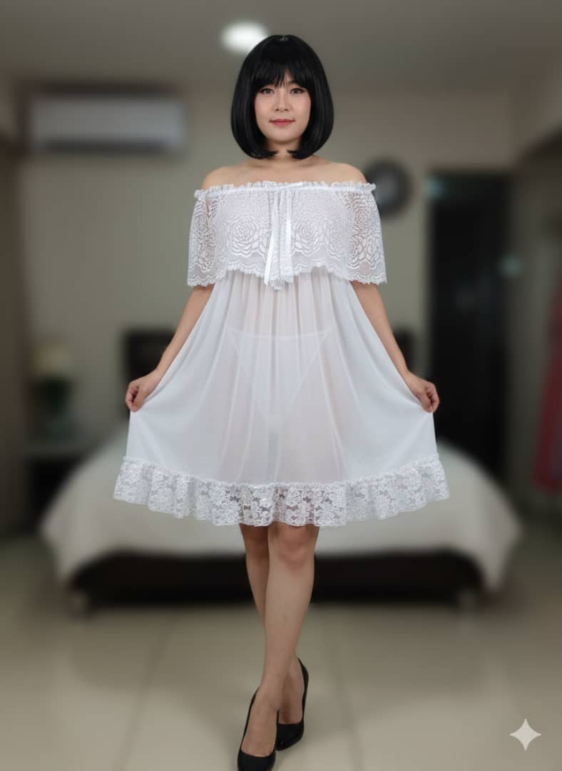 Nuisette Blanche en Dentelle Épaules Dénudées