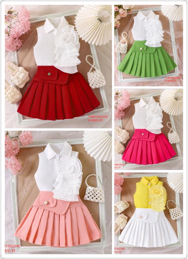 Ensemble Fille Élégant – Haut Fleuri et Jupe Plissée